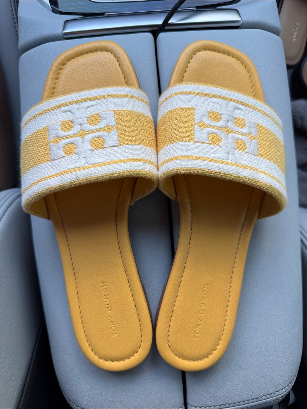 Tory Burch Yellow and White Slide Sandals